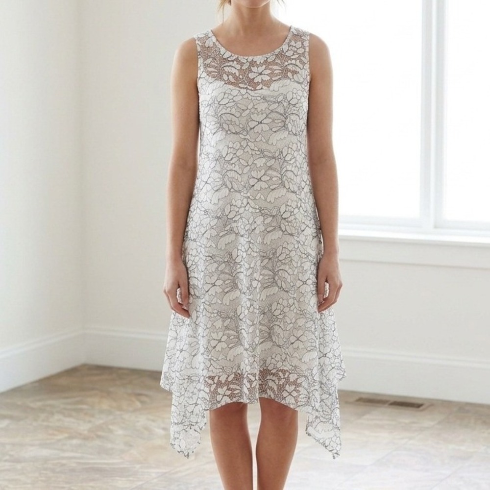 Signature Robbie Bee White Black Floral Lace Sharkbite Hem Sleeveless Dress PL
